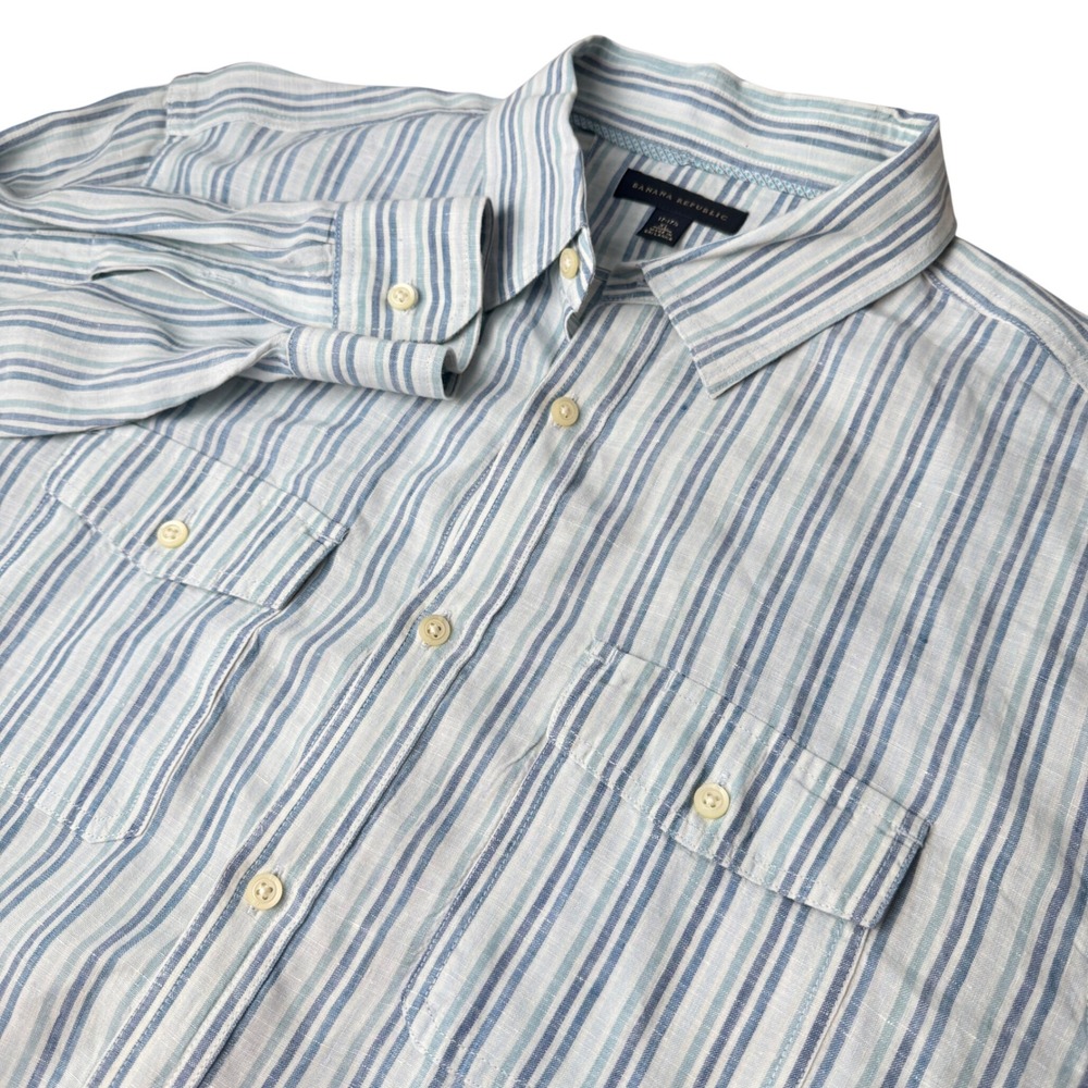 Banana Republic Mens Linen Button Down Shirt XL Blue Striped Coastal Nautical